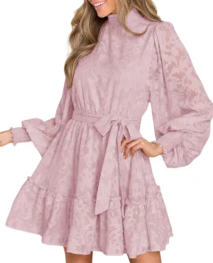 Ferlema Womens 2024 Long Puff Sleeve Smocked High Neck Tie Waist Floral Lace A Line Flowy Party Mini Dress
