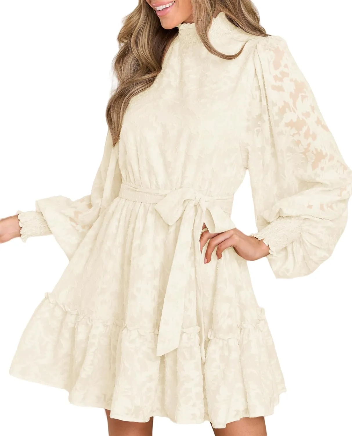 Ferlema Womens 2024 Long Puff Sleeve Smocked High Neck Tie Waist Floral Lace A Line Flowy Party Mini Dress