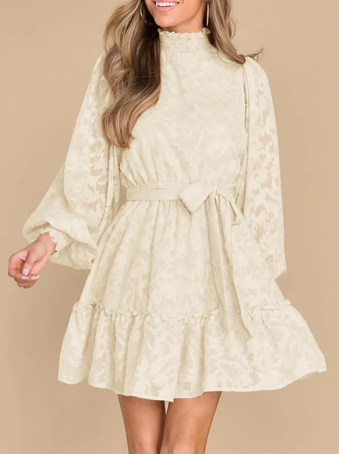 Ferlema Womens 2024 Long Puff Sleeve Smocked High Neck Tie Waist Floral Lace A Line Flowy Party Mini Dress