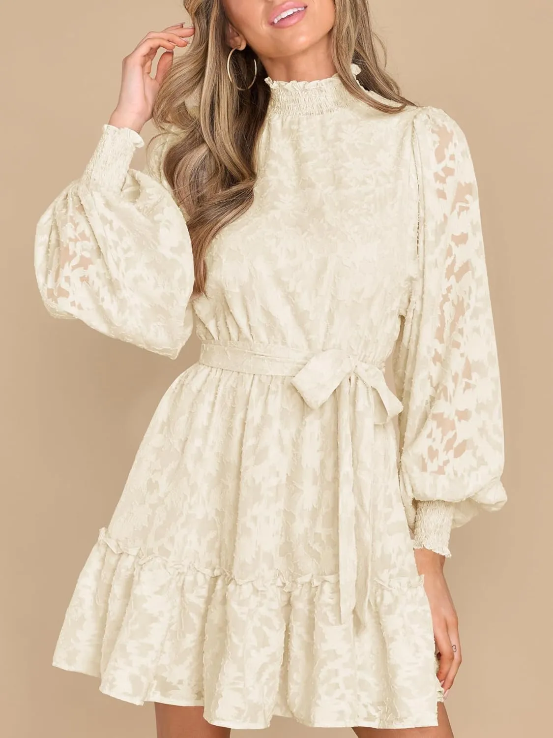 Ferlema Womens 2024 Long Puff Sleeve Smocked High Neck Tie Waist Floral Lace A Line Flowy Party Mini Dress