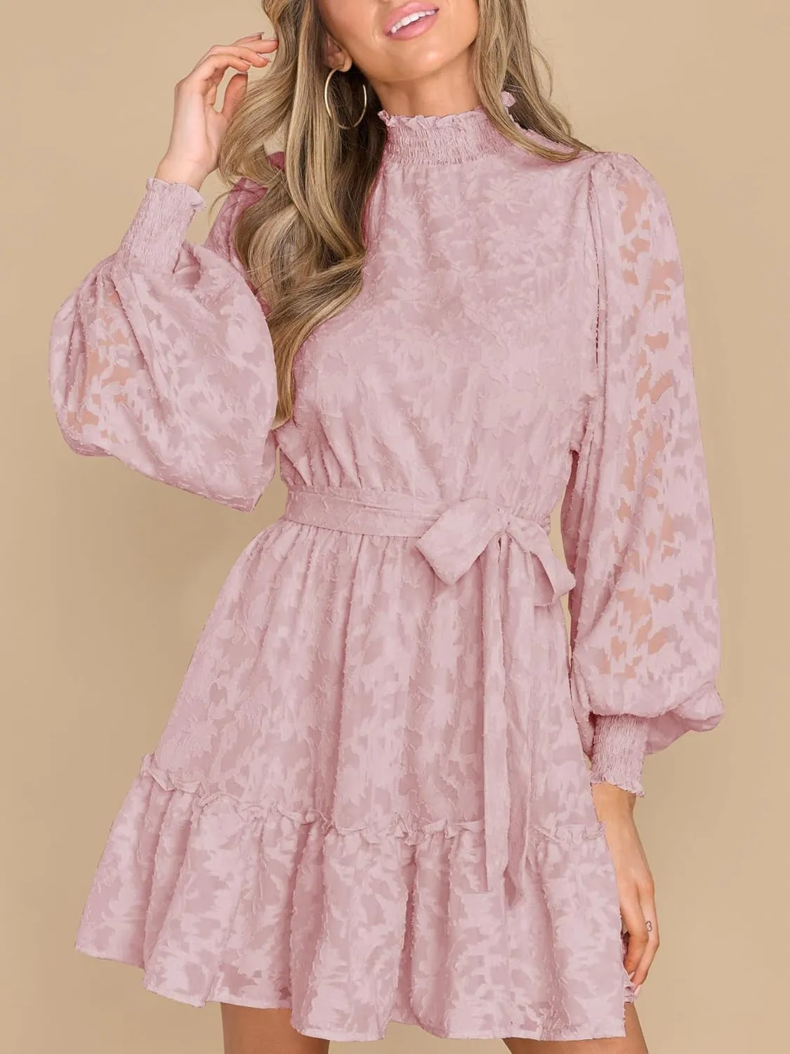 Ferlema Womens 2024 Long Puff Sleeve Smocked High Neck Tie Waist Floral Lace A Line Flowy Party Mini Dress