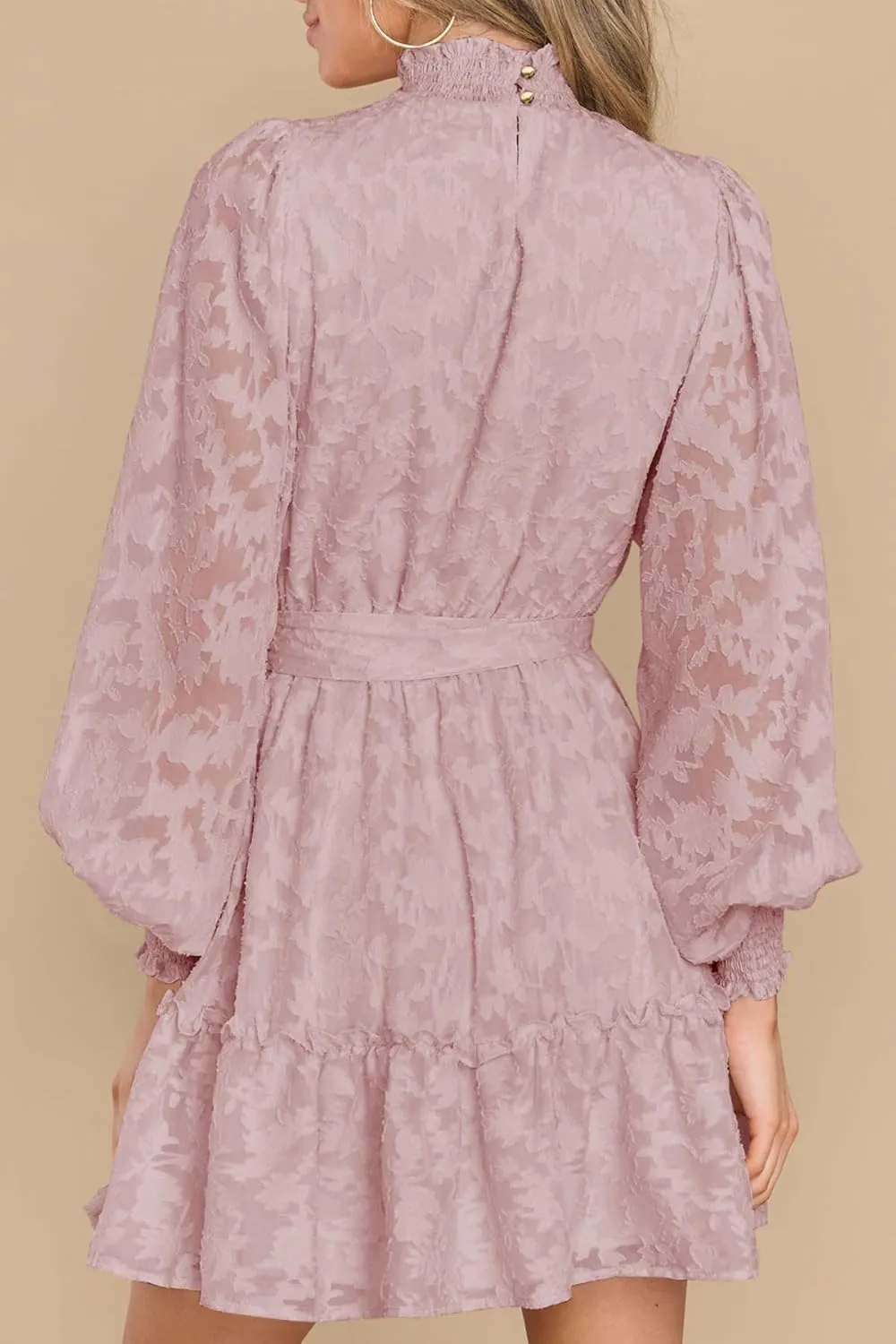 Ferlema Womens 2024 Long Puff Sleeve Smocked High Neck Tie Waist Floral Lace A Line Flowy Party Mini Dress