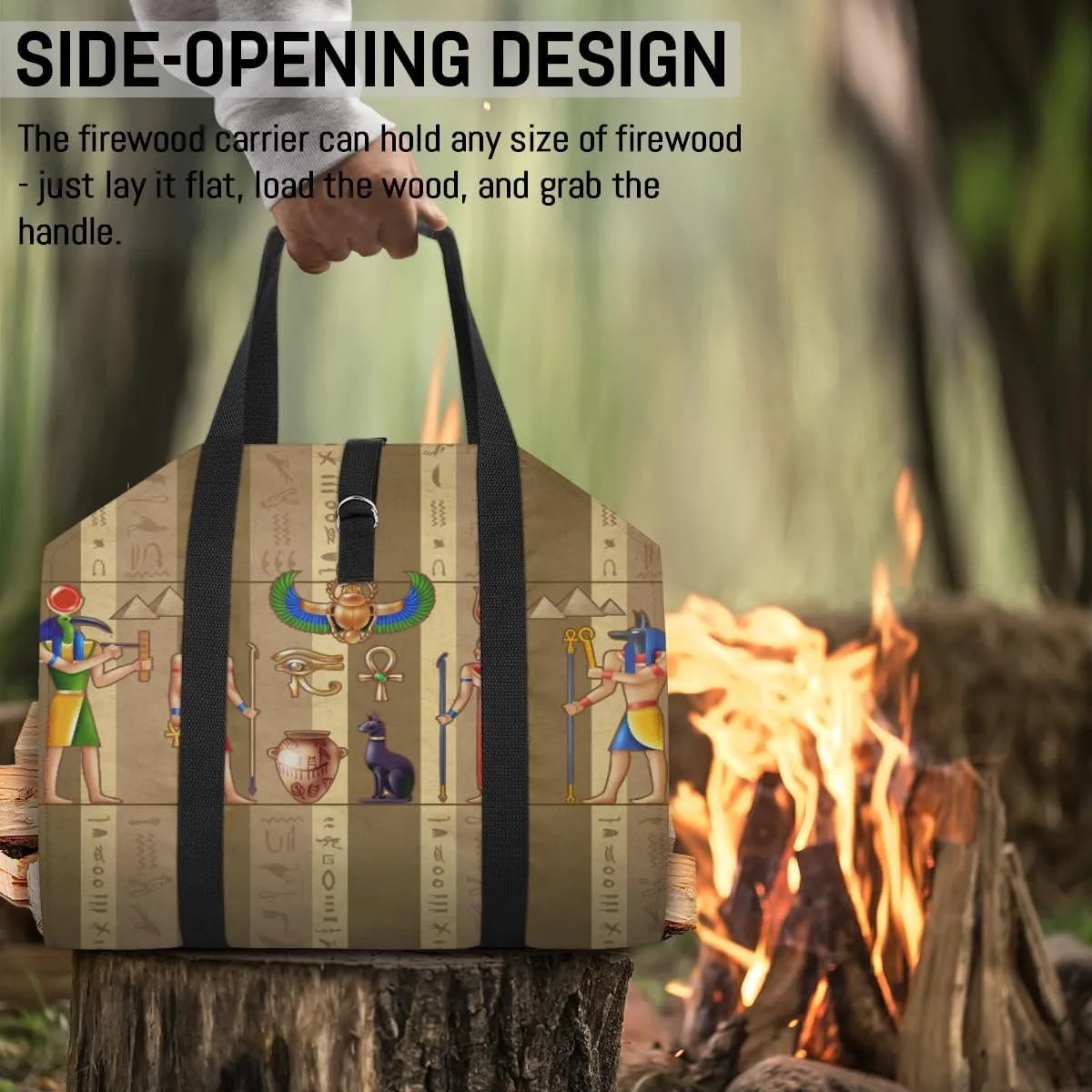 Firewood Log Carrier Bag Egypt Mural Pharaoh Hieroglyph,Fireplace Wood Stove Accessories,Heavy Duty Firewood Holder with Handle Campfire Camping 39" X18"