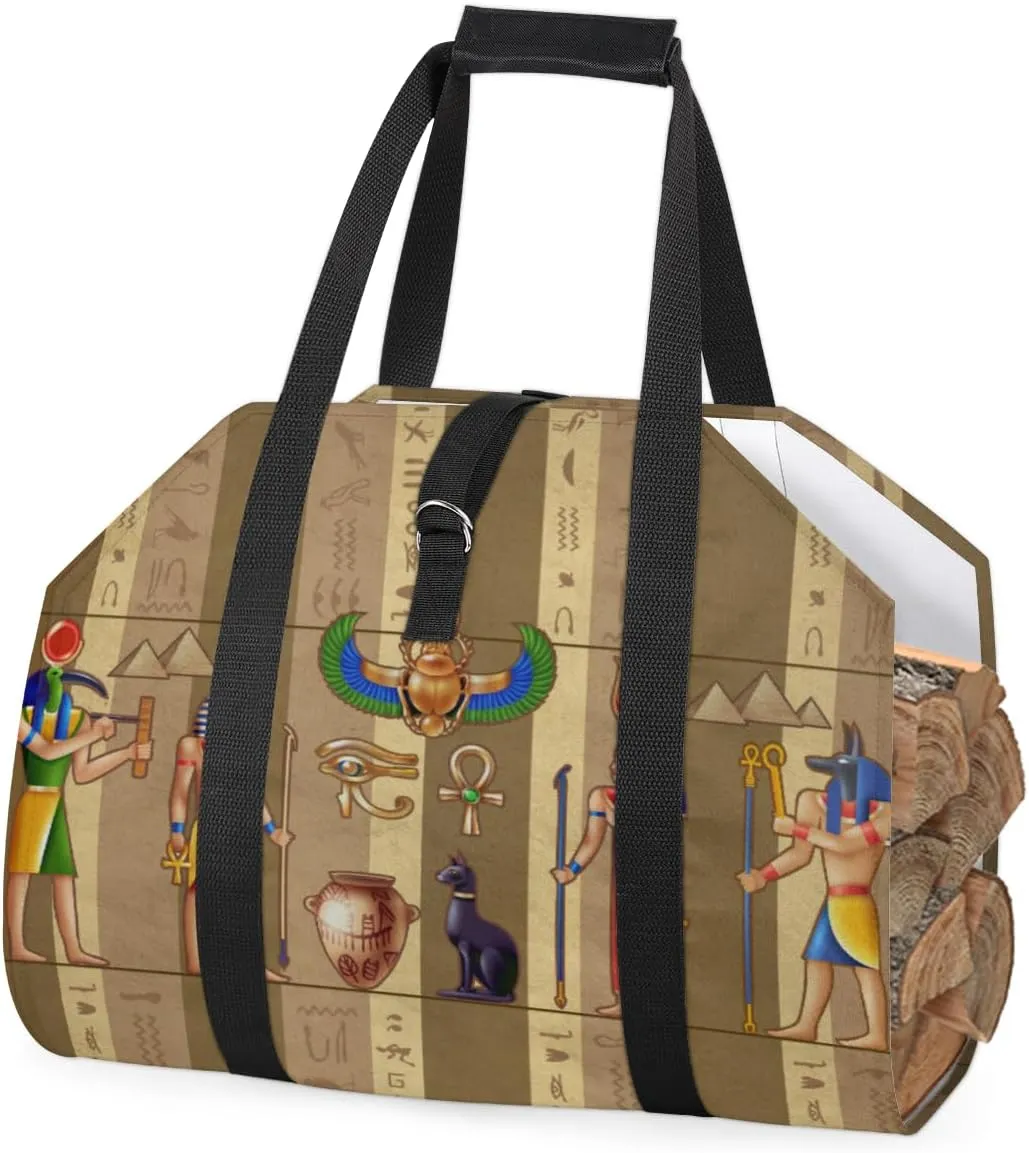 Firewood Log Carrier Bag Egypt Mural Pharaoh Hieroglyph,Fireplace Wood Stove Accessories,Heavy Duty Firewood Holder with Handle Campfire Camping 39" X18"