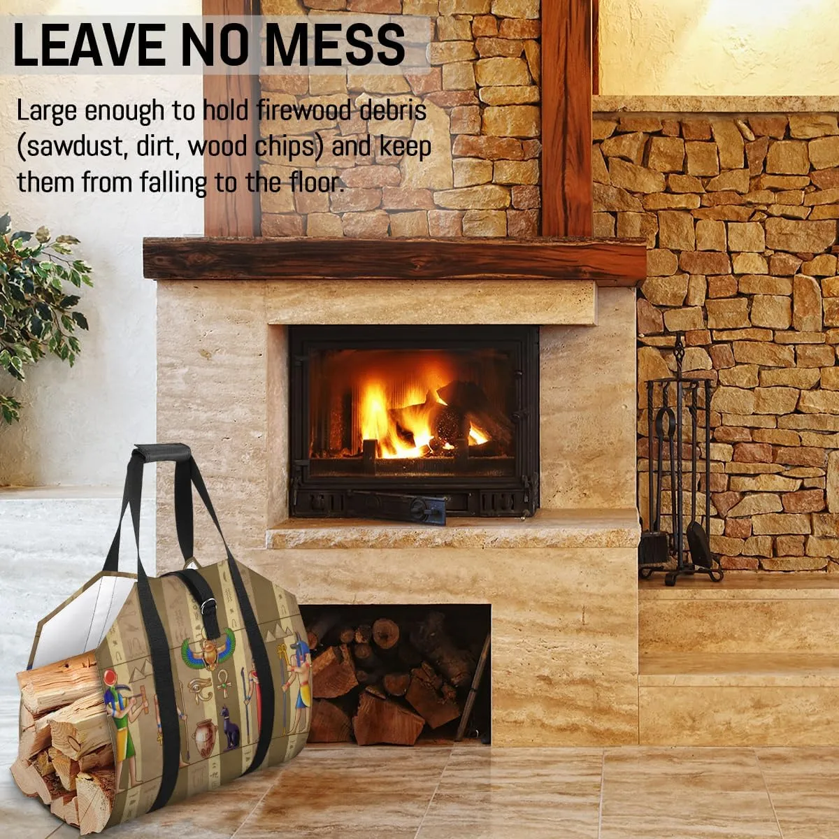 Firewood Log Carrier Bag Egypt Mural Pharaoh Hieroglyph,Fireplace Wood Stove Accessories,Heavy Duty Firewood Holder with Handle Campfire Camping 39" X18"