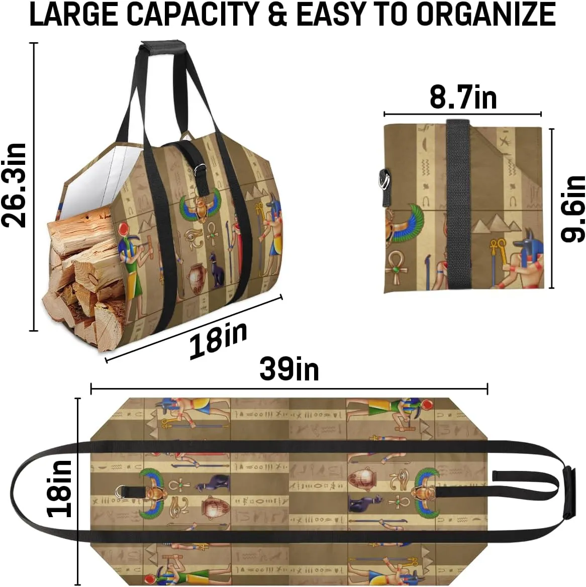Firewood Log Carrier Bag Egypt Mural Pharaoh Hieroglyph,Fireplace Wood Stove Accessories,Heavy Duty Firewood Holder with Handle Campfire Camping 39" X18"