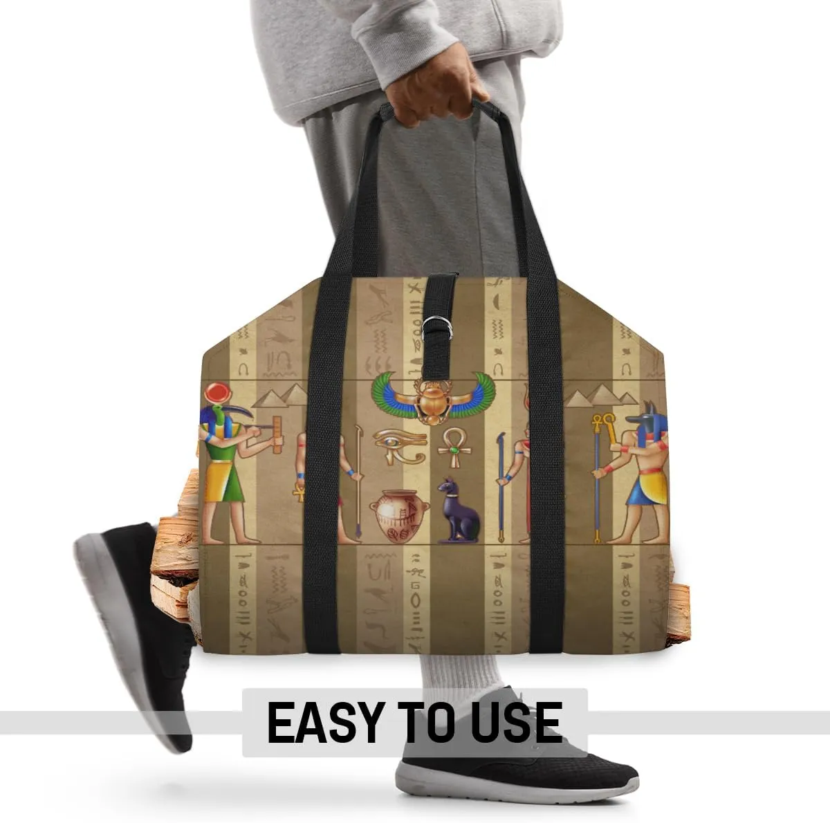 Firewood Log Carrier Bag Egypt Mural Pharaoh Hieroglyph,Fireplace Wood Stove Accessories,Heavy Duty Firewood Holder with Handle Campfire Camping 39" X18"