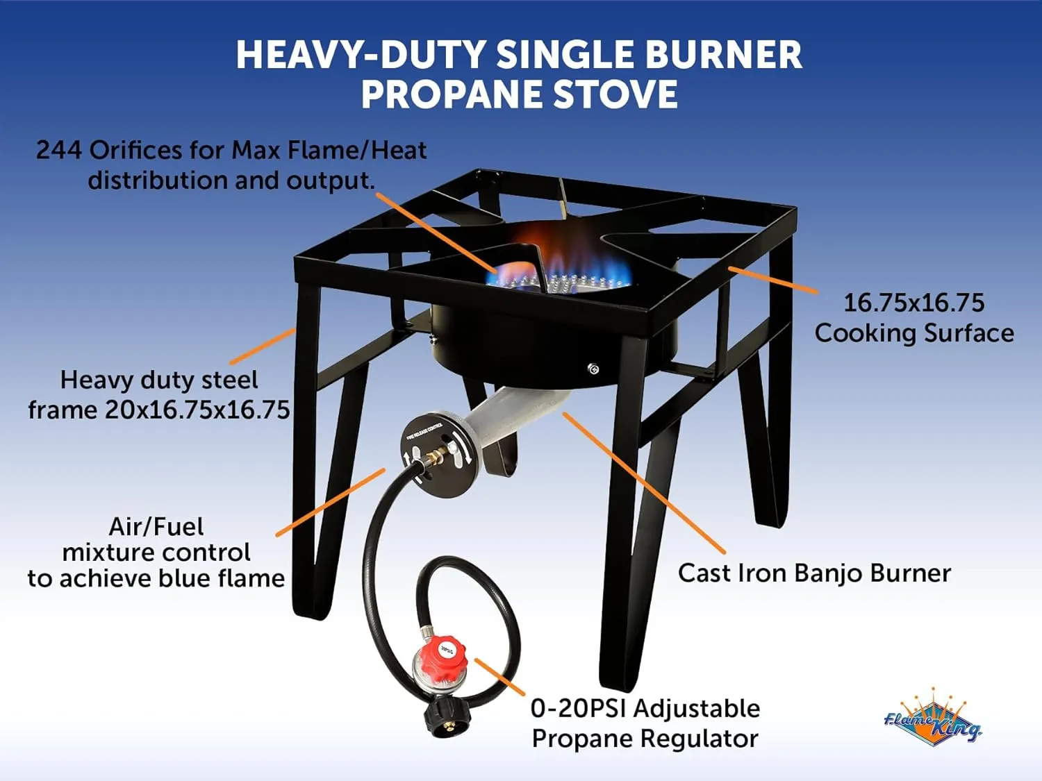 Flame King Heavy Duty 200K BTU, 0-20 PSI, Propane Gas Single Burner Bayou Cooker Outdoor Stove for Home Brewing, Turkey Fry, Maple Syrup Prep, Cajun Cooking, Black