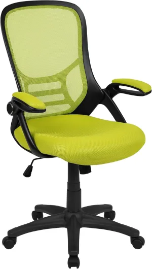 Flash Furniture Porter Mesh High Back Ergonomic Swivel Office Chair with Lumbar Support, Flip-Up Arms, Tilt Lock/Tilt Tension, Height Adjustable, Black/Green Frame