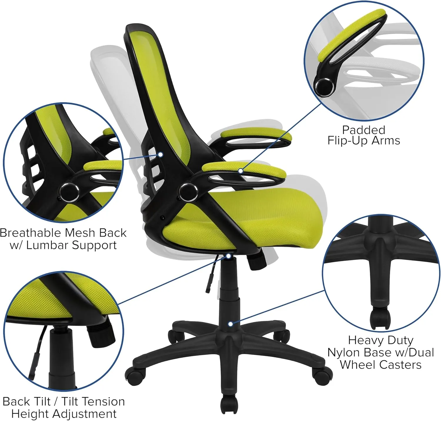 Flash Furniture Porter Mesh High Back Ergonomic Swivel Office Chair with Lumbar Support, Flip-Up Arms, Tilt Lock/Tilt Tension, Height Adjustable, Black/Green Frame