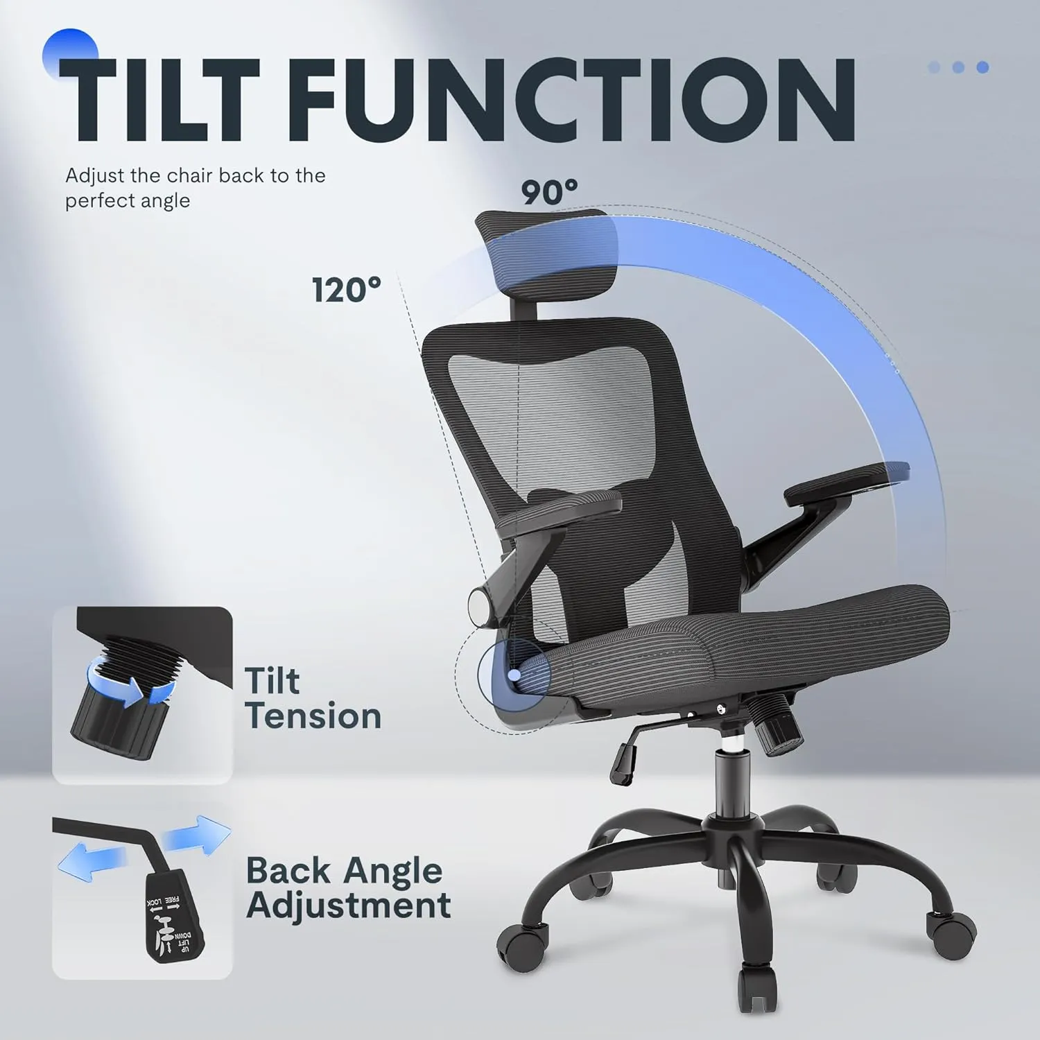 FLEXISPOT Ergonomic Office Chairs Mesh Computer Desk Chair with 3D Flip-up Armrests Adjustable Headrest and Lumbar Support Comfy High Back Rolling Task Chair with Swivel Wheels,Obsidian