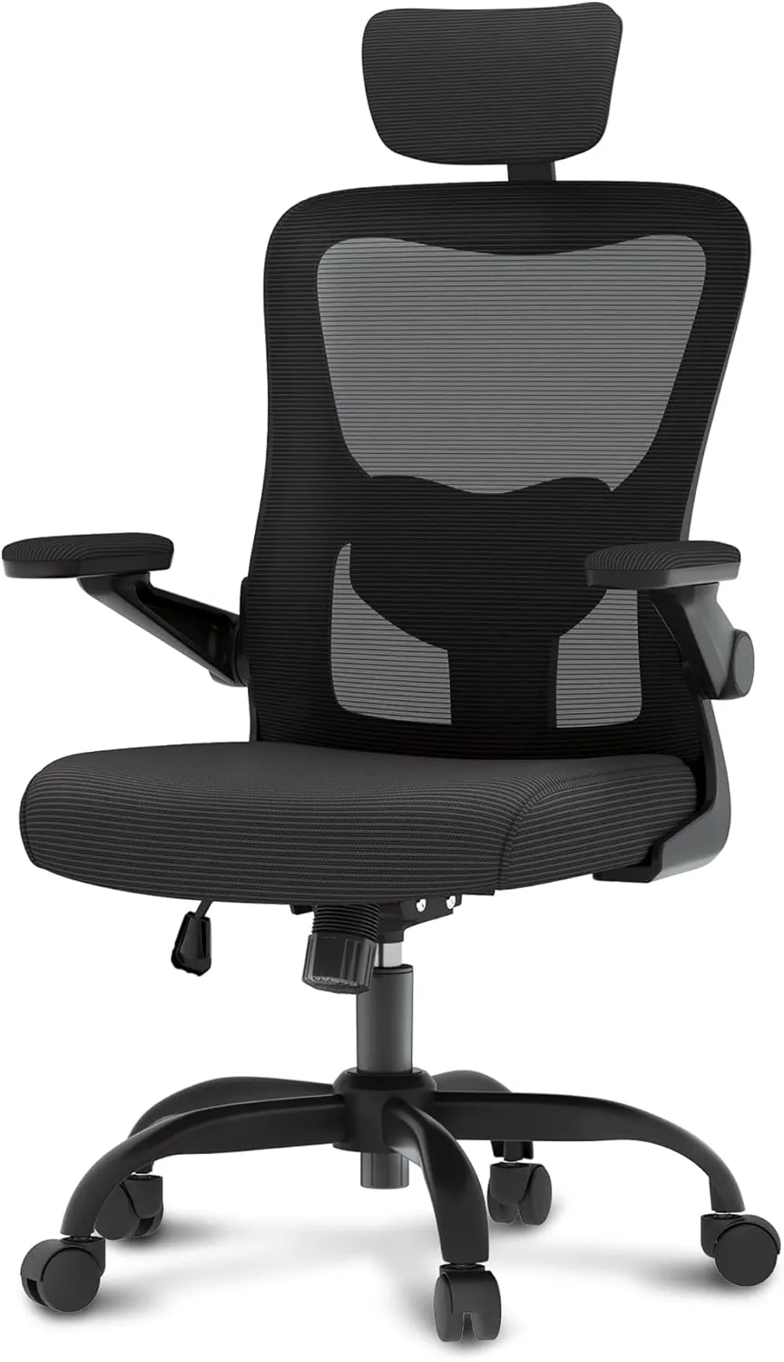 FLEXISPOT Ergonomic Office Chairs Mesh Computer Desk Chair with 3D Flip-up Armrests Adjustable Headrest and Lumbar Support Comfy High Back Rolling Task Chair with Swivel Wheels,Obsidian