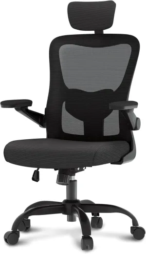 FLEXISPOT Ergonomic Office Chairs Mesh Computer Desk Chair with 3D Flip-up Armrests Adjustable Headrest and Lumbar Support Comfy High Back Rolling Task Chair with Swivel Wheels,Obsidian