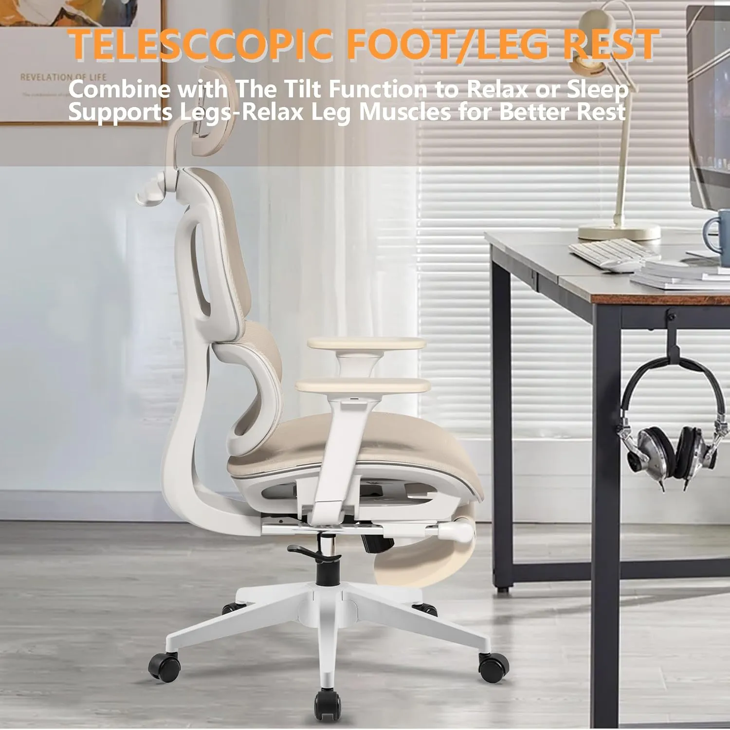 FLEXISPOT ErgoX-S Big and Tall Mesh Office Chair, Computer Desk Chair Adjustable Swivel Chair with Footrest Lumbar Support Headrest and 360°Rotation for Home Office, Cream Mesh