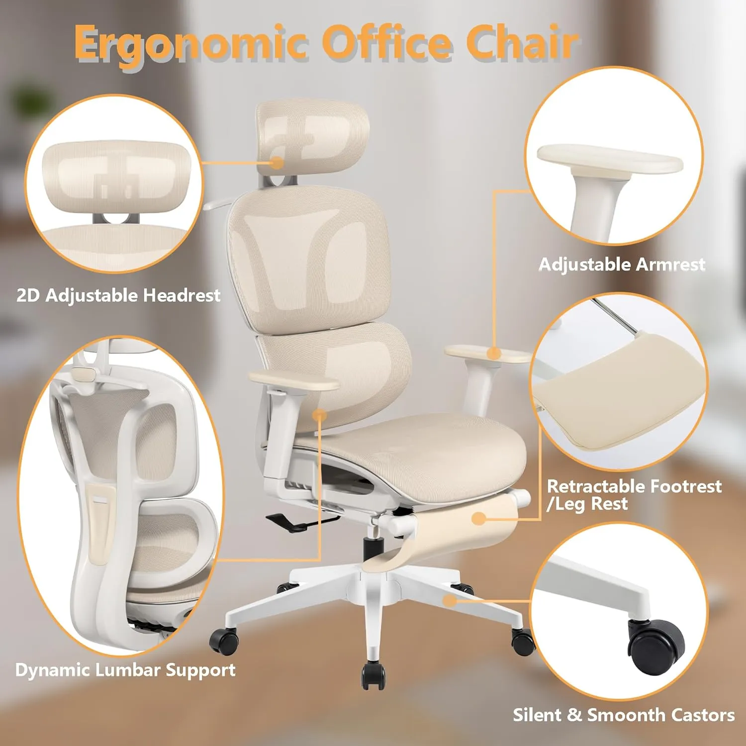 FLEXISPOT ErgoX-S Big and Tall Mesh Office Chair, Computer Desk Chair Adjustable Swivel Chair with Footrest Lumbar Support Headrest and 360°Rotation for Home Office, Cream Mesh