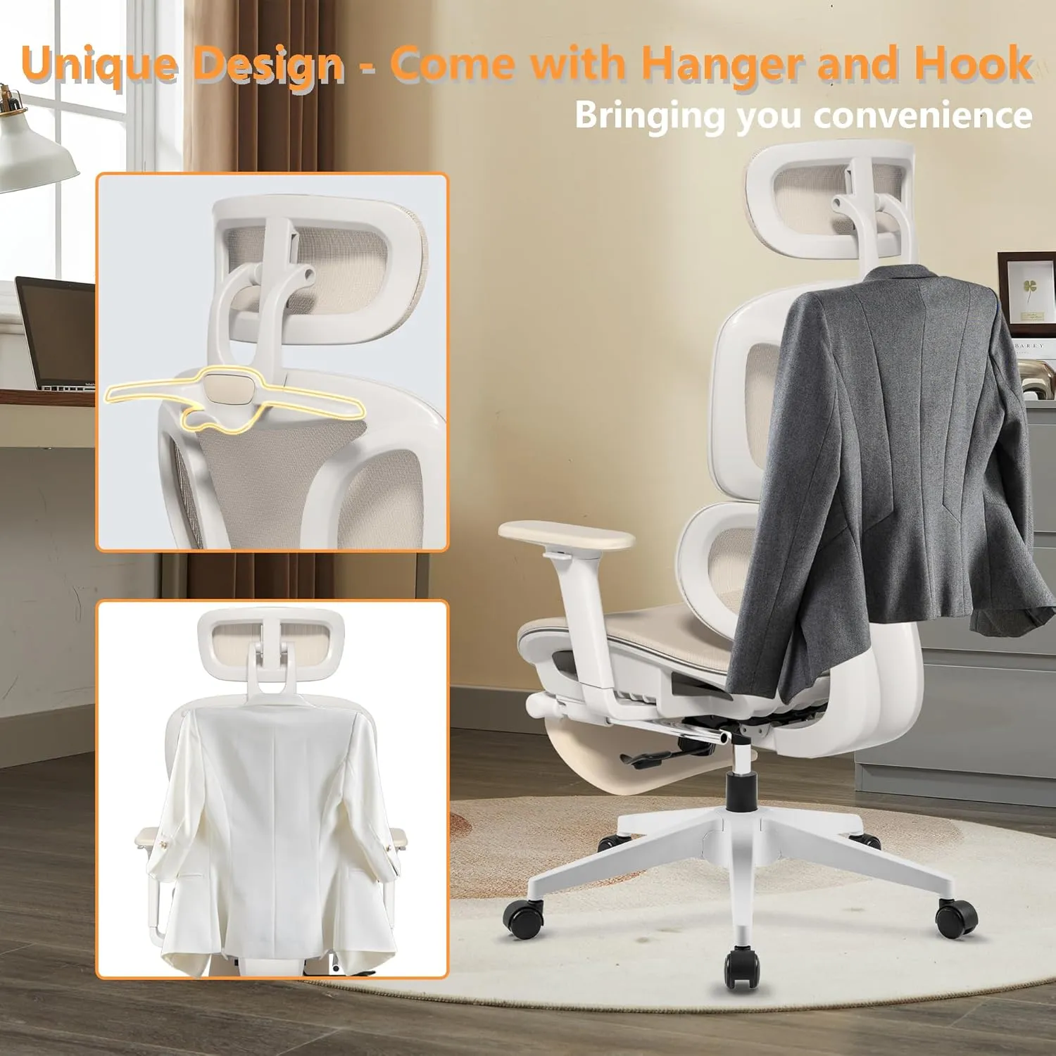 FLEXISPOT ErgoX-S Big and Tall Mesh Office Chair, Computer Desk Chair Adjustable Swivel Chair with Footrest Lumbar Support Headrest and 360°Rotation for Home Office, Cream Mesh