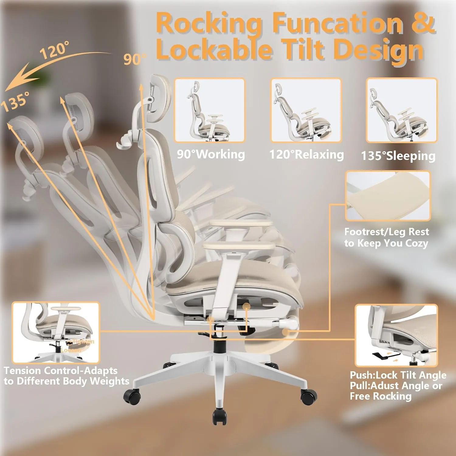 FLEXISPOT ErgoX-S Big and Tall Mesh Office Chair, Computer Desk Chair Adjustable Swivel Chair with Footrest Lumbar Support Headrest and 360°Rotation for Home Office, Cream Mesh