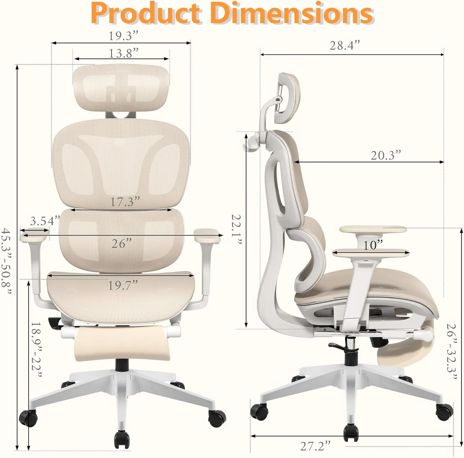 FLEXISPOT ErgoX-S Big and Tall Mesh Office Chair, Computer Desk Chair Adjustable Swivel Chair with Footrest Lumbar Support Headrest and 360°Rotation for Home Office, Cream Mesh