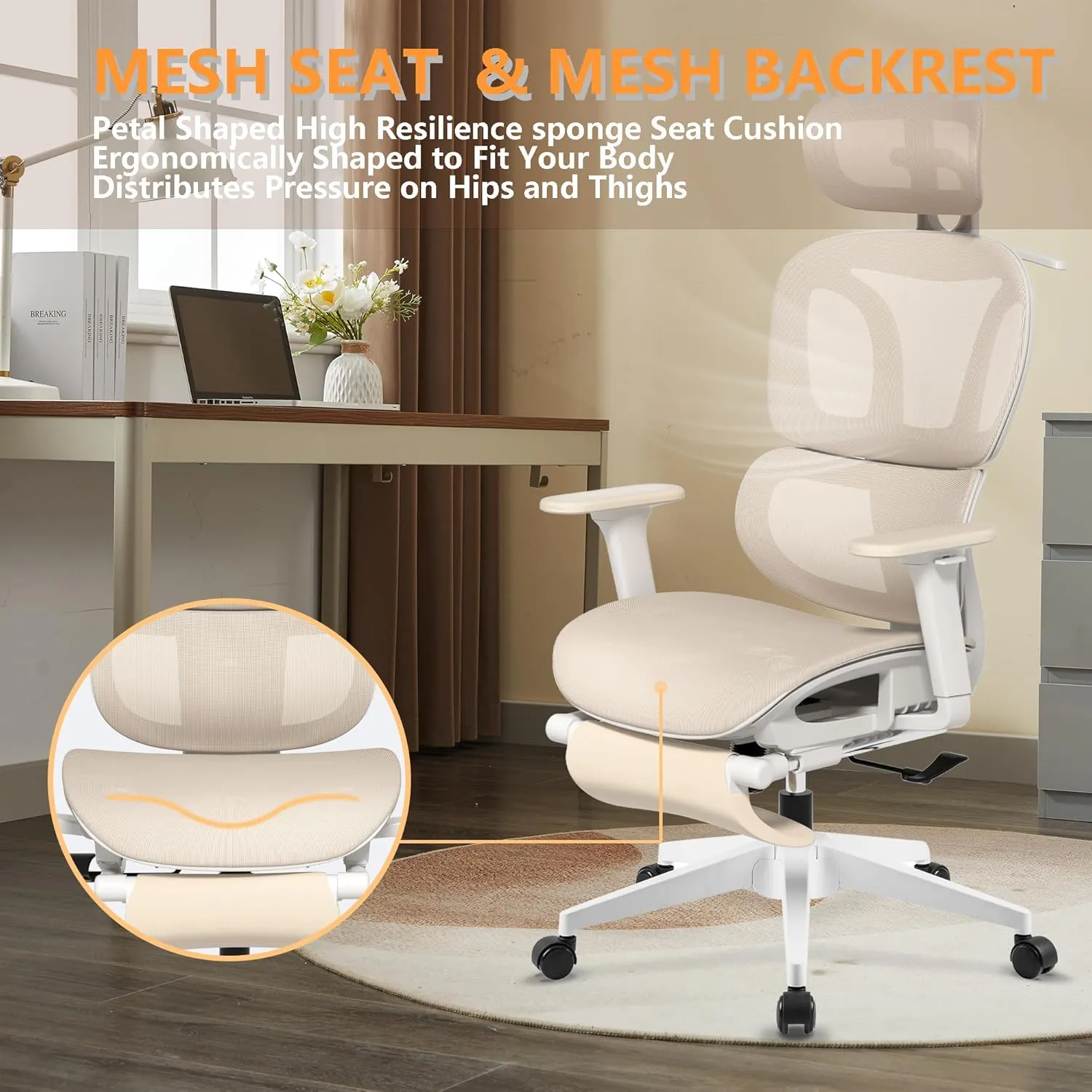 FLEXISPOT ErgoX-S Big and Tall Mesh Office Chair, Computer Desk Chair Adjustable Swivel Chair with Footrest Lumbar Support Headrest and 360°Rotation for Home Office, Cream Mesh