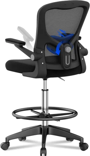 FLEXISPOT Upgraded Drafting Chair Tall Office Chair with 2D Lumbar,3D Flip-up Armrest,Standing Desk Chair with Breathable Mesh Adjustable Foot Ring Stool BIFMA Certified for Home Office,Drawing,Black