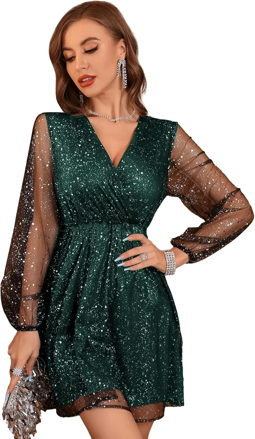 Floerns Women's Lantern Long Sleeve V Neck Mesh Cocktail Party Short Dress Without Belt