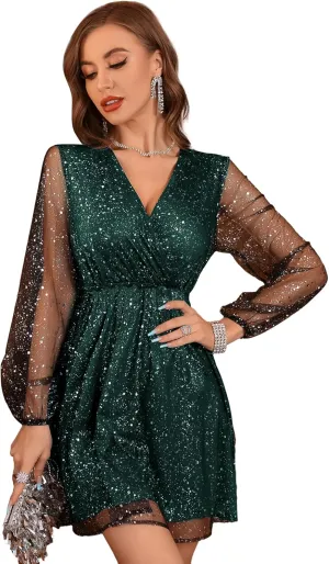 Floerns Women's Lantern Long Sleeve V Neck Mesh Cocktail Party Short Dress Without Belt