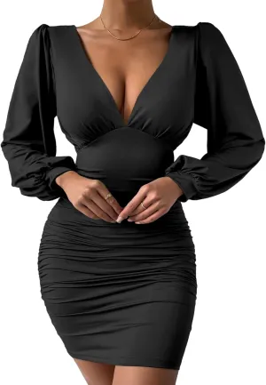 Floerns Women's Leopard Print V Neck Lantern Sleeve Bodycon Dress