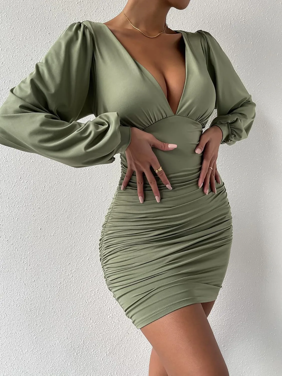 Floerns Women's Leopard Print V Neck Lantern Sleeve Bodycon Dress