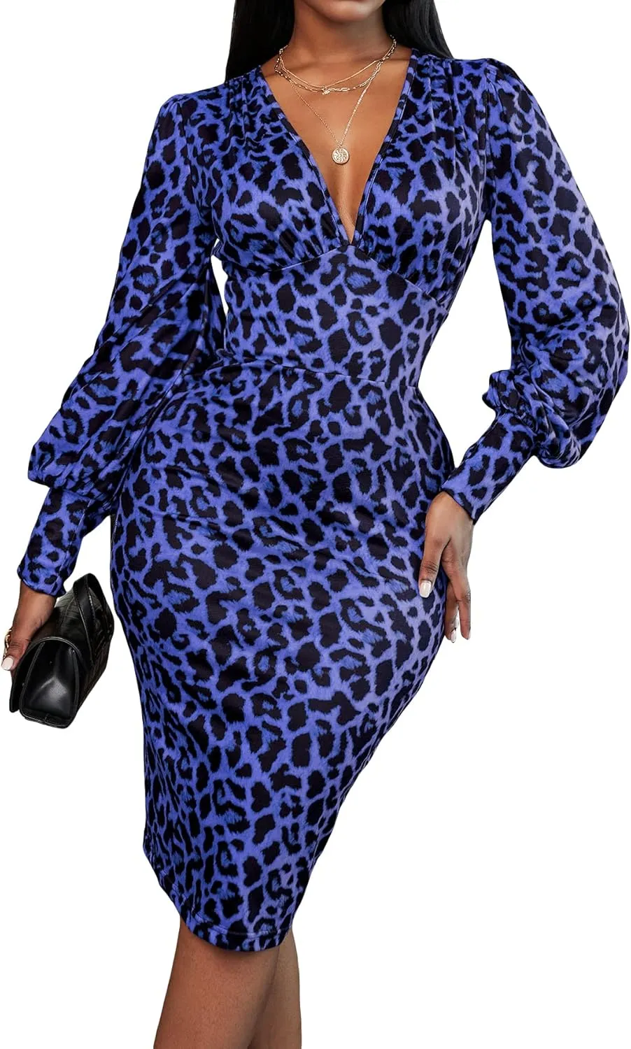 Floerns Women's Leopard Print V Neck Lantern Sleeve Bodycon Dress