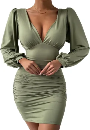 Floerns Women's Leopard Print V Neck Lantern Sleeve Bodycon Dress