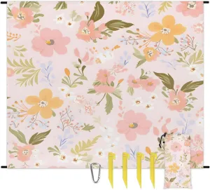Flower Print Beach Blanket, Sandproof Beach Mat, 68 x 59 Waterproof Quick Drying Sand Free Mat with 4 x Ground Spikes for Outdoor Travel Camping Hiking, Floral