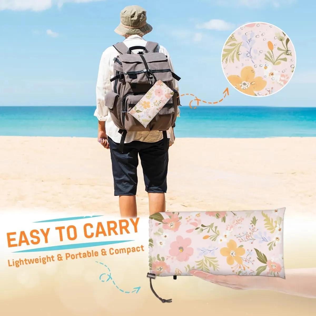 Flower Print Beach Blanket, Sandproof Beach Mat, 68 x 59 Waterproof Quick Drying Sand Free Mat with 4 x Ground Spikes for Outdoor Travel Camping Hiking, Floral