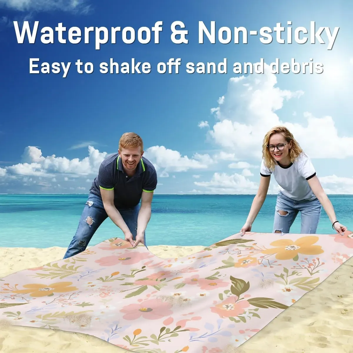 Flower Print Beach Blanket, Sandproof Beach Mat, 68 x 59 Waterproof Quick Drying Sand Free Mat with 4 x Ground Spikes for Outdoor Travel Camping Hiking, Floral