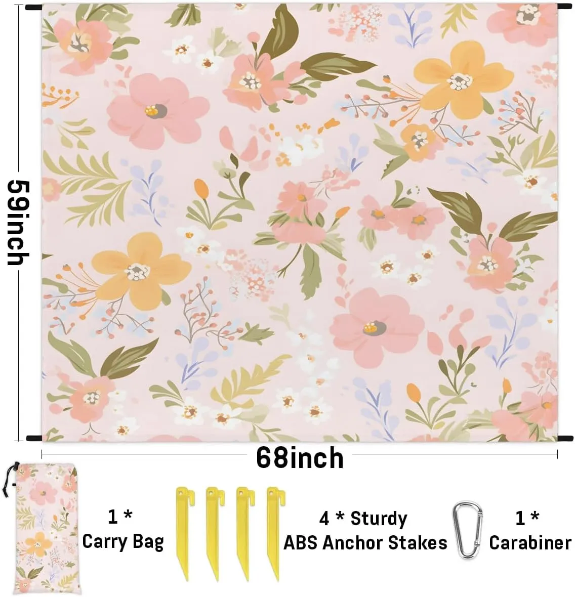 Flower Print Beach Blanket, Sandproof Beach Mat, 68 x 59 Waterproof Quick Drying Sand Free Mat with 4 x Ground Spikes for Outdoor Travel Camping Hiking, Floral