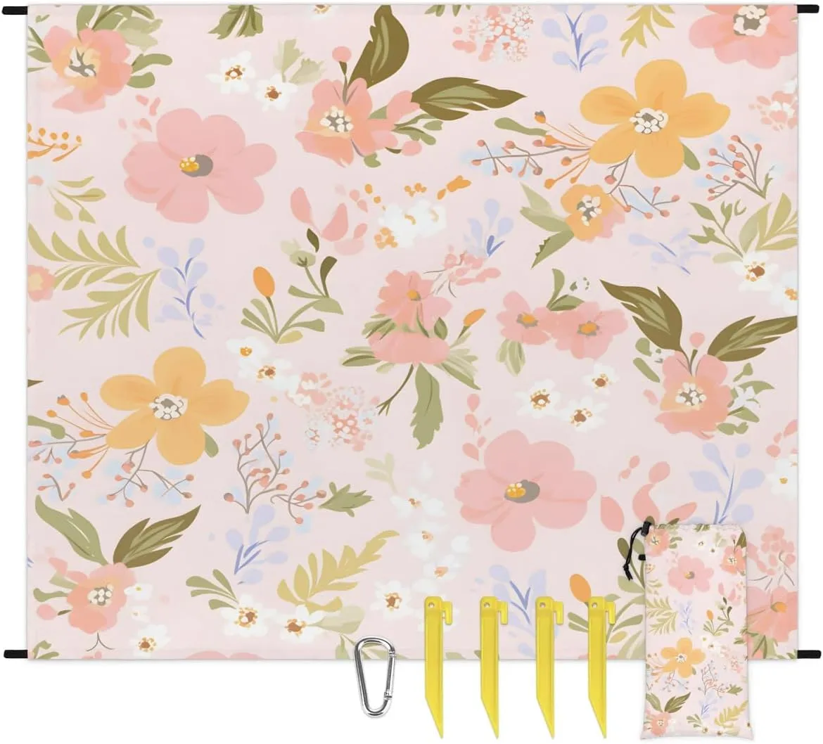 Flower Print Beach Blanket, Sandproof Beach Mat, 68 x 59 Waterproof Quick Drying Sand Free Mat with 4 x Ground Spikes for Outdoor Travel Camping Hiking, Floral