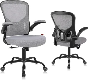 Flysky Ergonomic Office Chair, Mesh Home Office Desk Chair with Flip-up Arms and Lumbar Support, Height Adjustable, Swivel, Gray