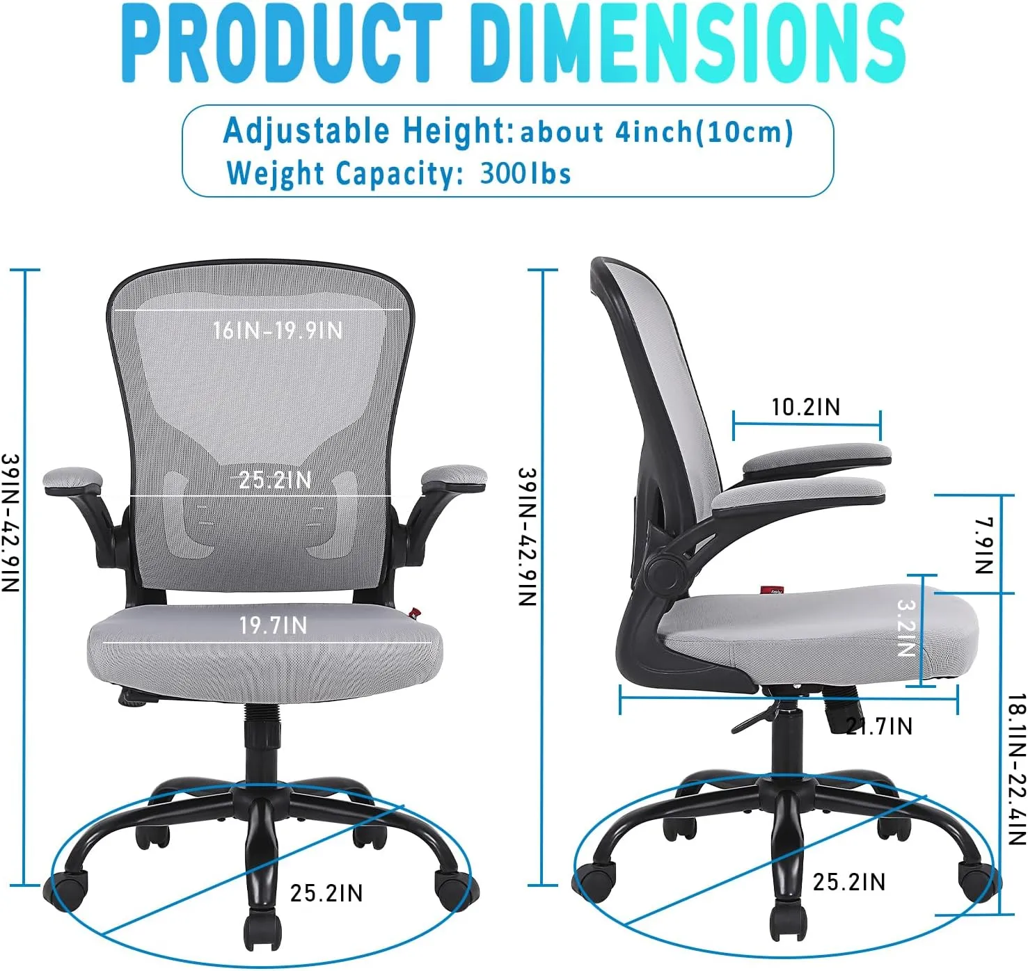 Flysky Ergonomic Office Chair, Mesh Home Office Desk Chair with Flip-up Arms and Lumbar Support, Height Adjustable, Swivel, Gray