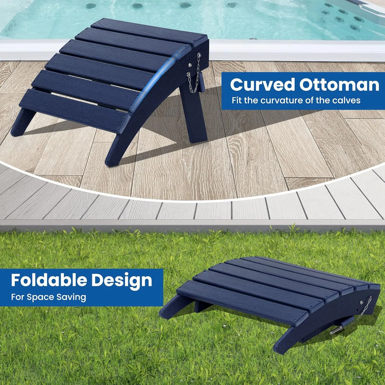 Folding Adirondack Chair with Ottoman Weather Resistant Foldable Fire Pit Chairs with Footrest HDPE Outdoor Adirondack Chair for Patio Front Porch Pool Garden Deck Fire Pit Outside, Navy Blue