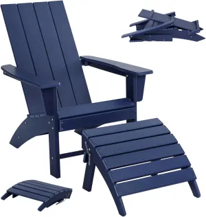 Folding Adirondack Chair with Ottoman Weather Resistant Foldable Fire Pit Chairs with Footrest HDPE Outdoor Adirondack Chair for Patio Front Porch Pool Garden Deck Fire Pit Outside, Navy Blue
