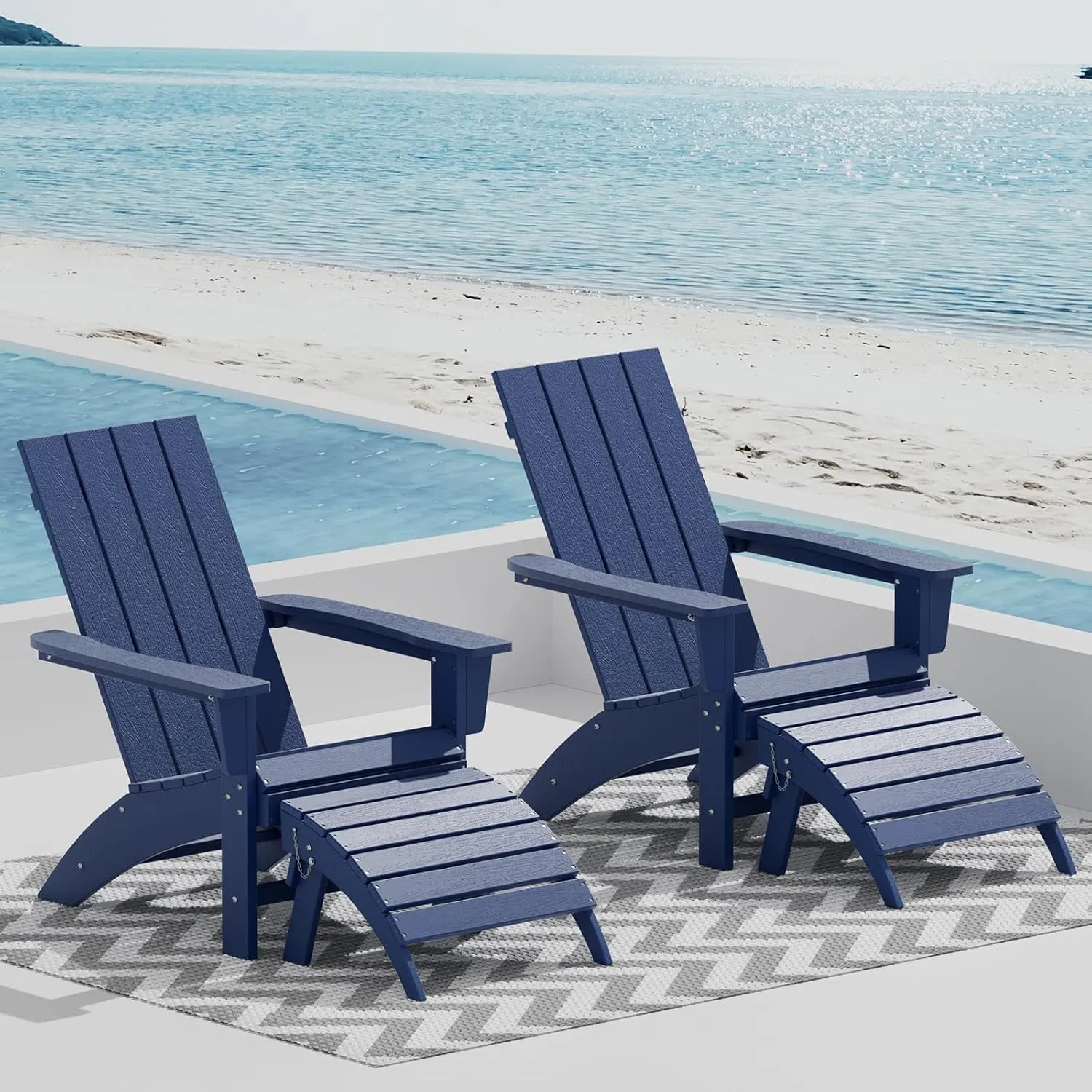 Folding Adirondack Chair with Ottoman Weather Resistant Foldable Fire Pit Chairs with Footrest HDPE Outdoor Adirondack Chair for Patio Front Porch Pool Garden Deck Fire Pit Outside, Navy Blue
