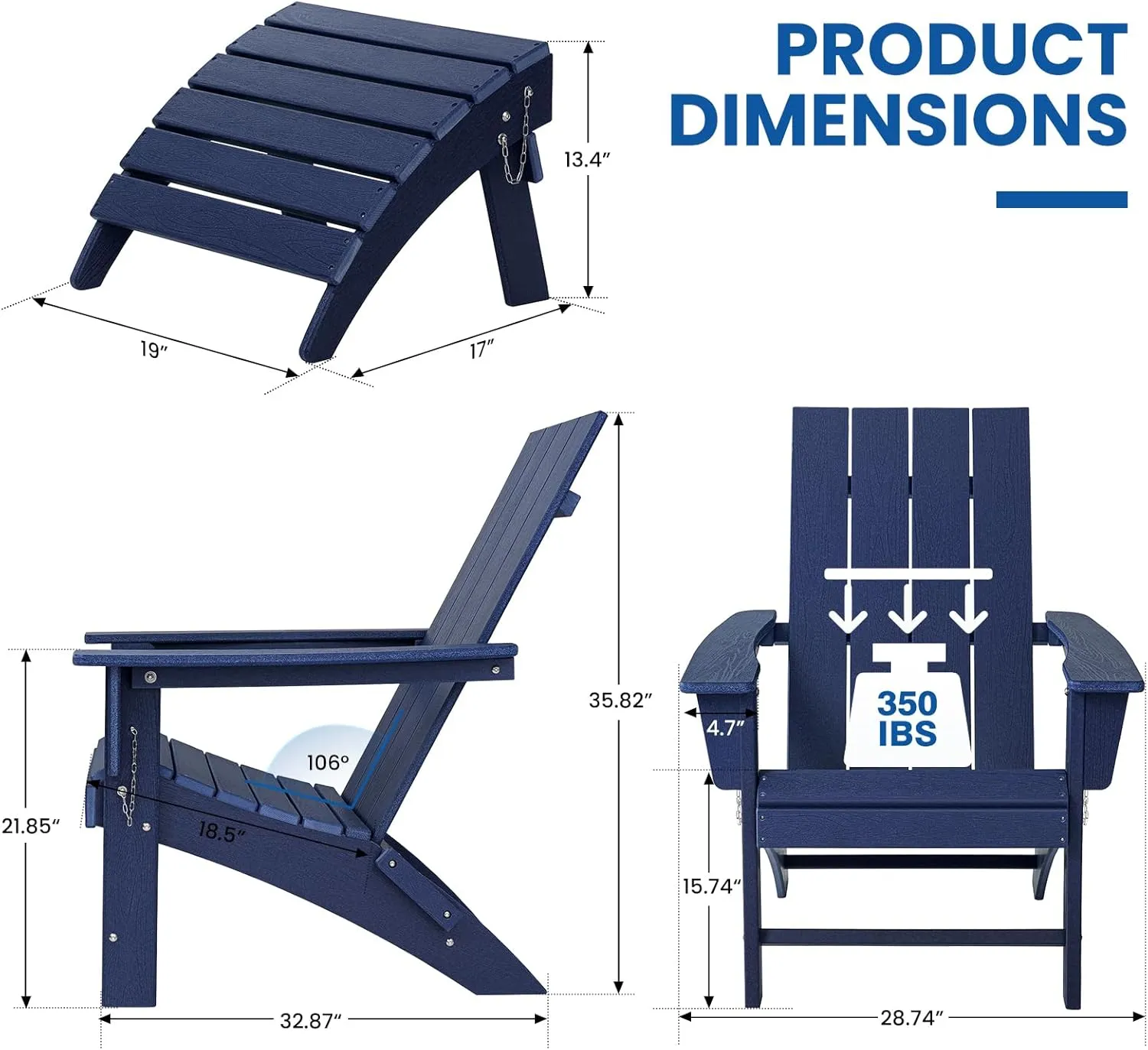 Folding Adirondack Chair with Ottoman Weather Resistant Foldable Fire Pit Chairs with Footrest HDPE Outdoor Adirondack Chair for Patio Front Porch Pool Garden Deck Fire Pit Outside, Navy Blue