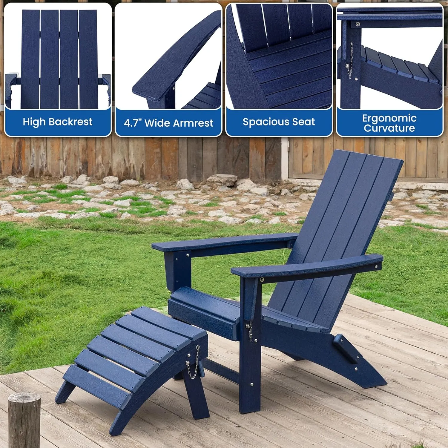 Folding Adirondack Chair with Ottoman Weather Resistant Foldable Fire Pit Chairs with Footrest HDPE Outdoor Adirondack Chair for Patio Front Porch Pool Garden Deck Fire Pit Outside, Navy Blue
