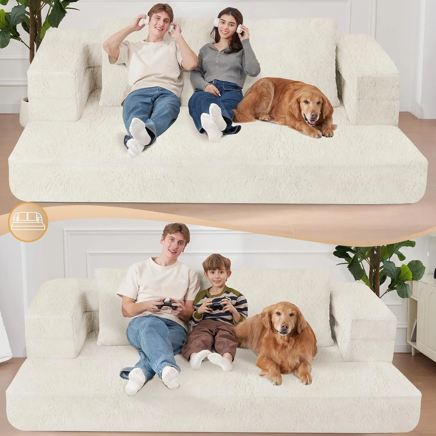 Folding Bean Bag Chair for Adults,3-in-1 Bean Bag Couch Faux Fur Floor Sofa Large Beanbag Convertible Bean Bag Sofa Bed with Pillow,Bedroom,Living Room(Large,Milky White)