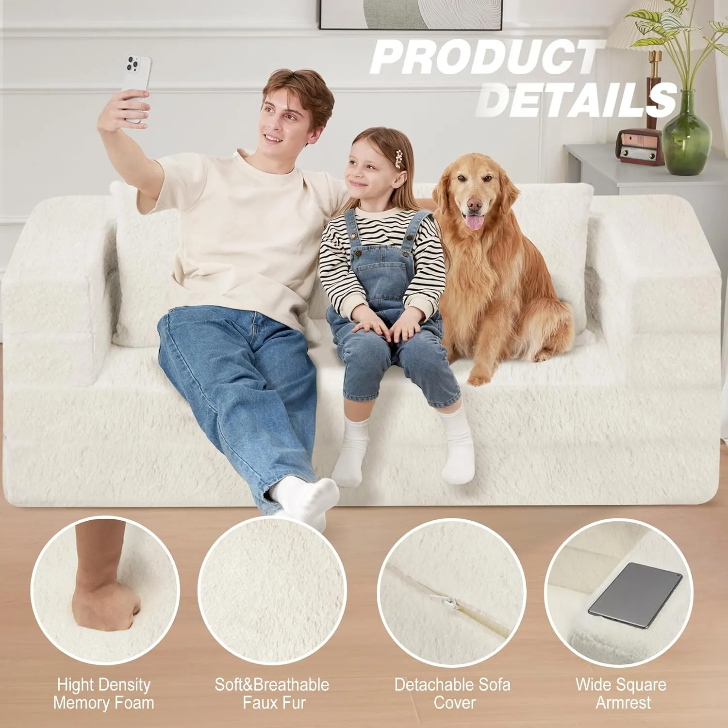 Folding Bean Bag Chair for Adults,3-in-1 Bean Bag Couch Faux Fur Floor Sofa Large Beanbag Convertible Bean Bag Sofa Bed with Pillow,Bedroom,Living Room(Large,Milky White)