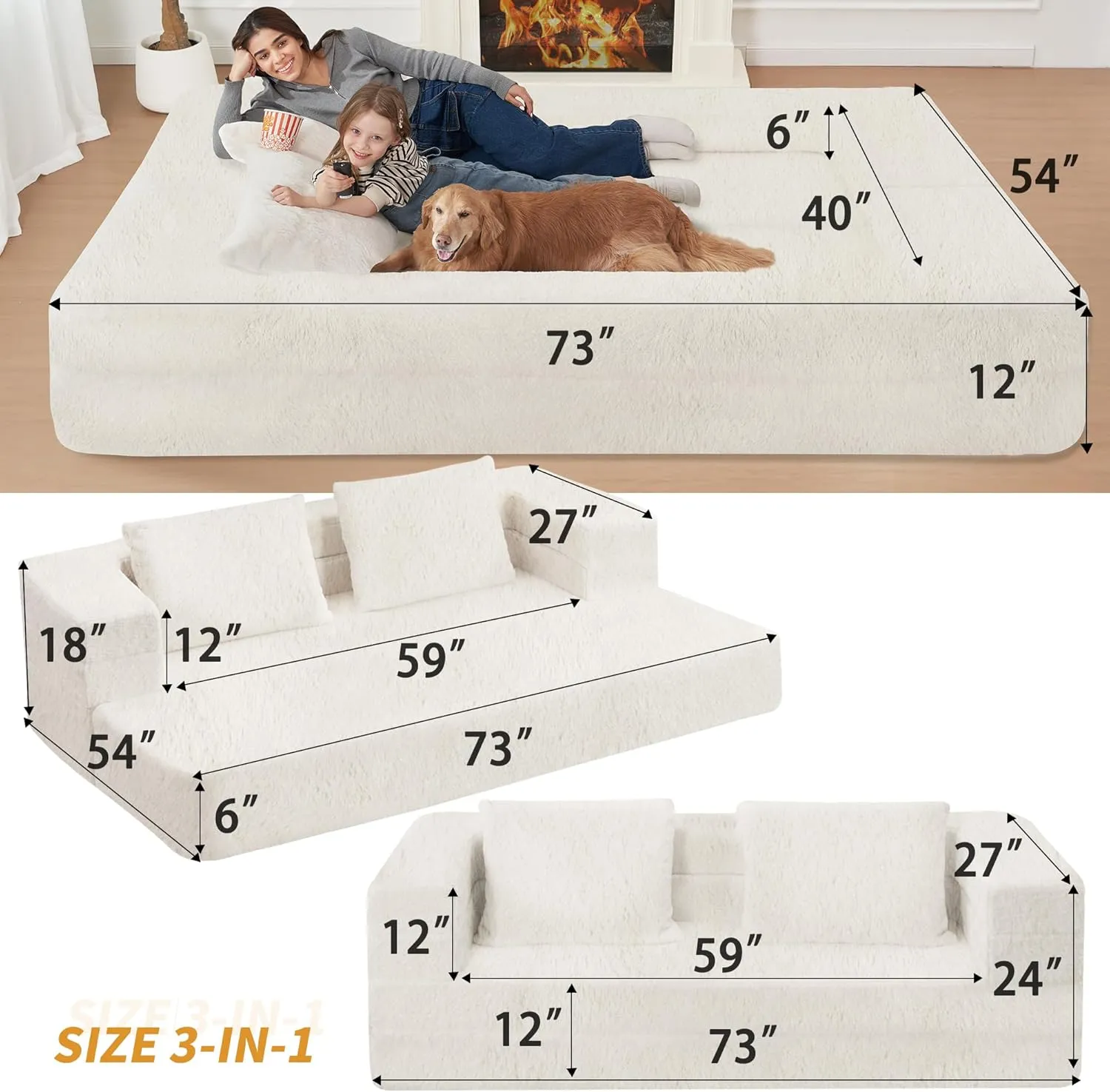 Folding Bean Bag Chair for Adults,3-in-1 Bean Bag Couch Faux Fur Floor Sofa Large Beanbag Convertible Bean Bag Sofa Bed with Pillow,Bedroom,Living Room(Large,Milky White)