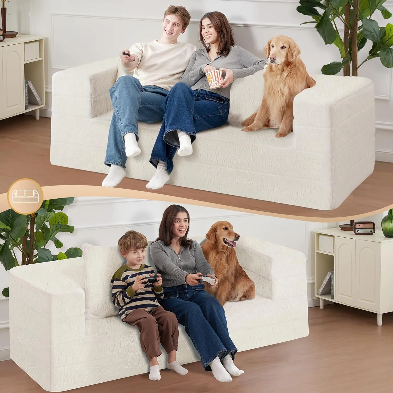 Folding Bean Bag Chair for Adults,3-in-1 Bean Bag Couch Faux Fur Floor Sofa Large Beanbag Convertible Bean Bag Sofa Bed with Pillow,Bedroom,Living Room(Large,Milky White)