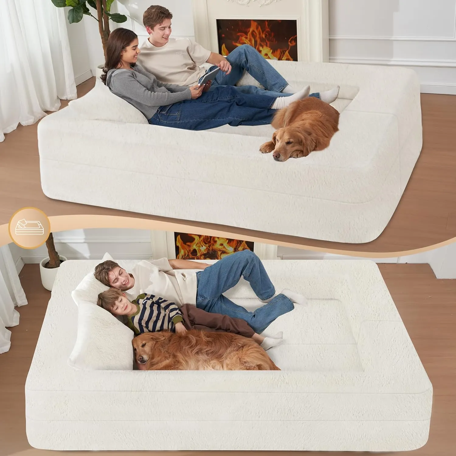 Folding Bean Bag Chair for Adults,3-in-1 Bean Bag Couch Faux Fur Floor Sofa Large Beanbag Convertible Bean Bag Sofa Bed with Pillow,Bedroom,Living Room(Large,Milky White)