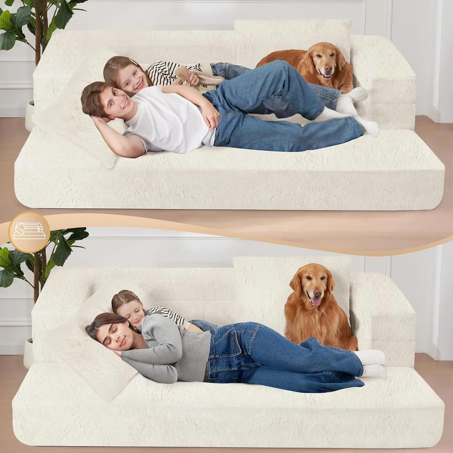 Folding Bean Bag Chair for Adults,3-in-1 Bean Bag Couch Faux Fur Floor Sofa Large Beanbag Convertible Bean Bag Sofa Bed with Pillow,Bedroom,Living Room(Large,Milky White)