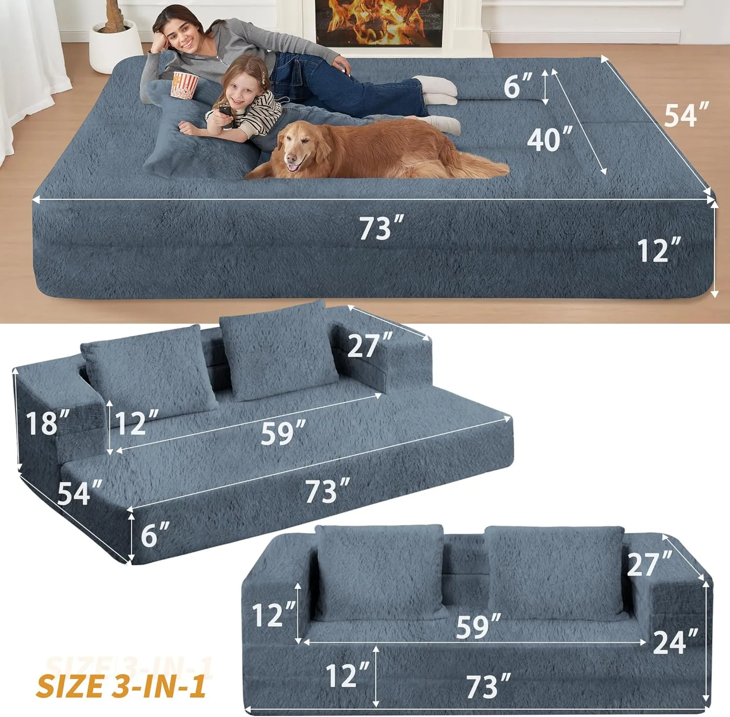 Folding Bean Bag Chair for Adults,3-in-1 Bean Bag Couch Faux Fur Floor Sofa Large Foam Beanbag Convertible Bean Bag Sofa Bed with Pillow in Bedroom,Living Room,Apartment(Large,Gray)