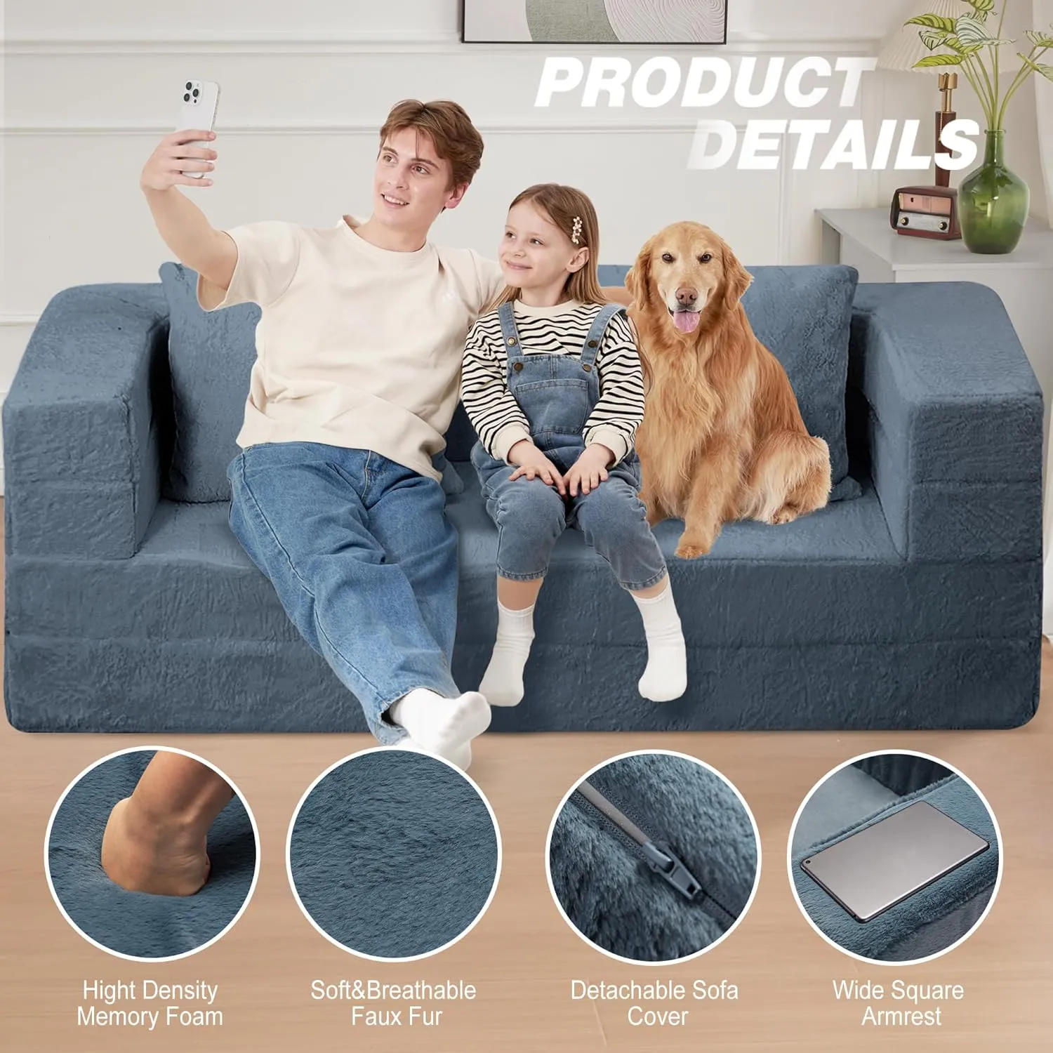 Folding Bean Bag Chair for Adults,3-in-1 Bean Bag Couch Faux Fur Floor Sofa Large Foam Beanbag Convertible Bean Bag Sofa Bed with Pillow in Bedroom,Living Room,Apartment(Large,Gray)